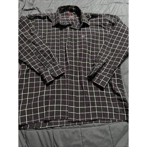 Valentino Men's Casual Black Purple And White Checker Button Down Shirt Size L - Picture 1 of 8